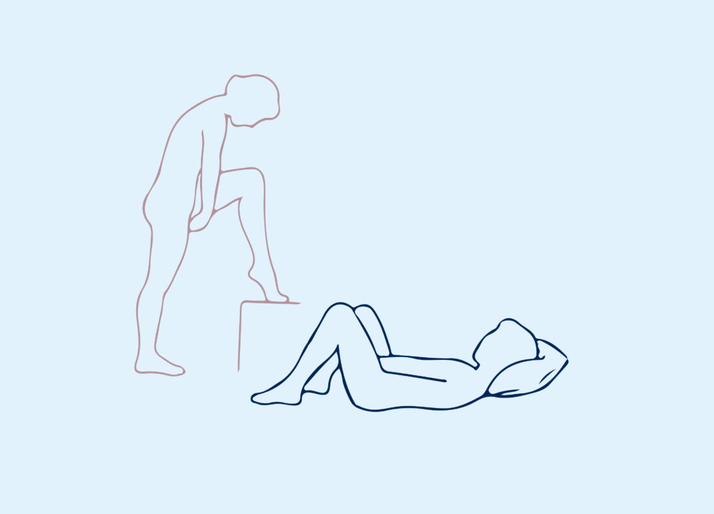 Illustration of a person standing with one foot up on a raised platform, while another lies down with a pillow under their head
